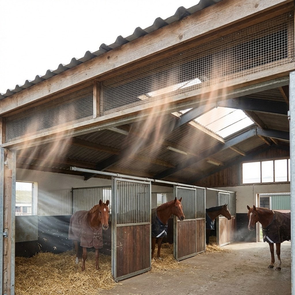 hyperrealistic product photography of horse stable interior and upper exterior showing ventilation grills near the roof eaves, warm air rising visualization, horses standing comfortably inside, fresh air circulation, detailed steel mesh grills, natural daylight streaming in, 16:9 aspect ratio, no text, no letters, no signage --ar 16:9 --style raw --v 6.0 --no text