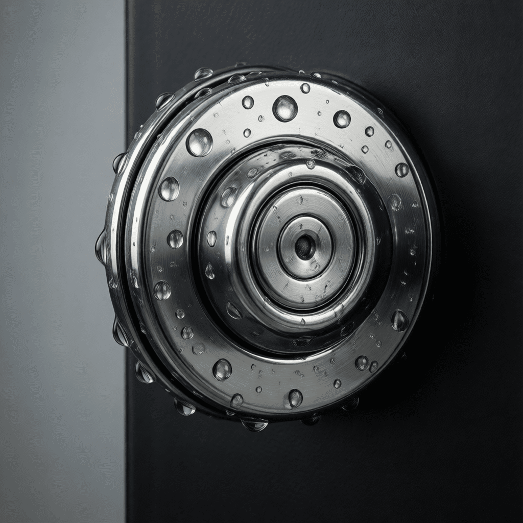 hyperrealistic product photography of a 304 stainless steel spring-loaded plunger latch, flush-mounted on black metal door, water droplets, sharp focus, industrial elegance, clean background, no text, no typography, 8k resolution --ar 4:3 --style raw --v 6.0