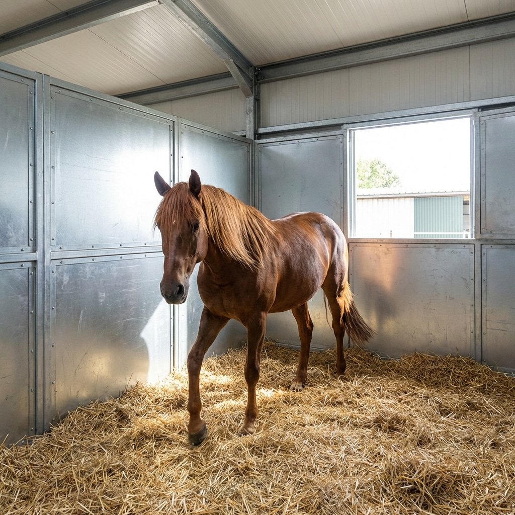 hyperrealistic product photography of a large horse turning freely inside a horse stable stall, demonstrating ample 3.65m x 3.65m dimensions, modular steel panels, safe clearance space, realistic fur and steel textures, 16:9 aspect ratio, no text, no signage, no letters, no typography --ar 16:9 --style raw --v 6.0