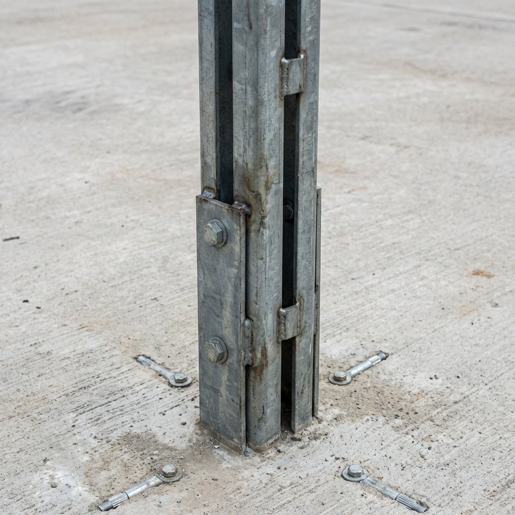 预制镀锌钢马栏立柱,垂直安装在平整混凝土地面,模块化面板,工业细节,超写实产品摄影,16:9 比例,无文字