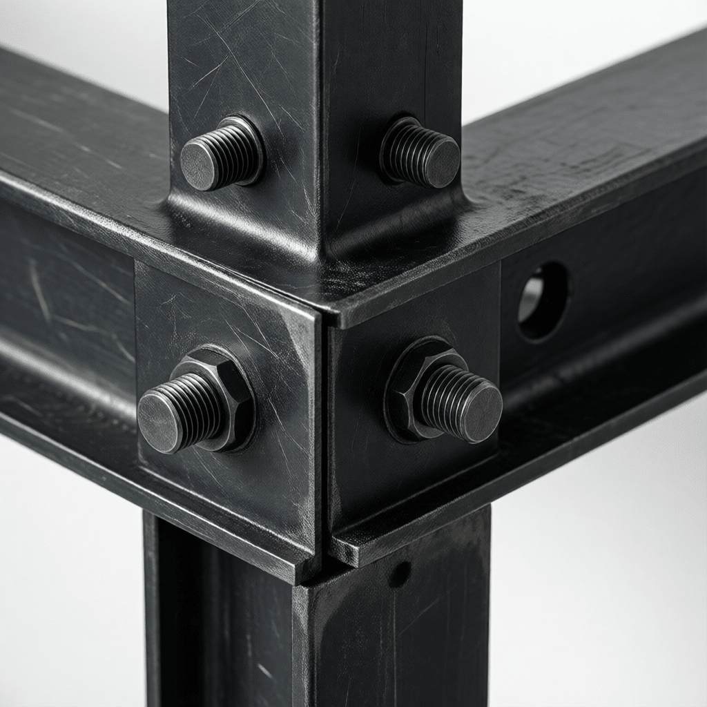 Bolted corner joint of a black steel stall frame, with gusset plates and hex bolts visible at the connection