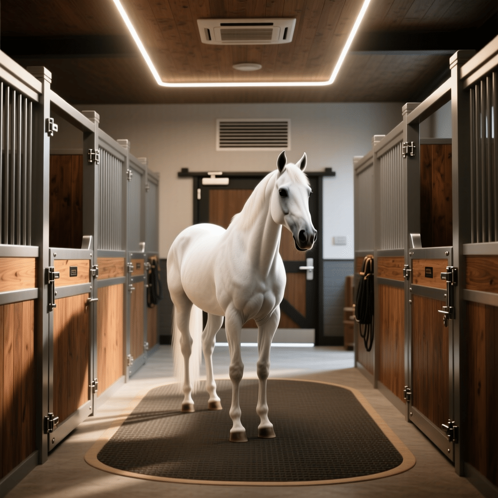 A pristine white horse stands in a modern stable hallway with wooden and metal stalls, showcasing high-quality horse stall equipment.