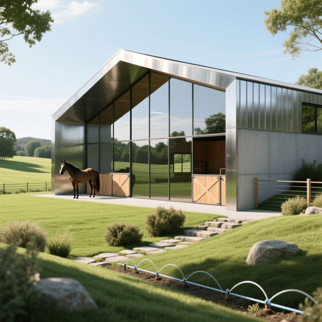 A contemporary horse stable featuring large glass windows and galvanized steel panels, with a horse standing outside on a lush green lawn. The design includes modern stable equipment such as stalls and panels, set in a serene rural landscape.