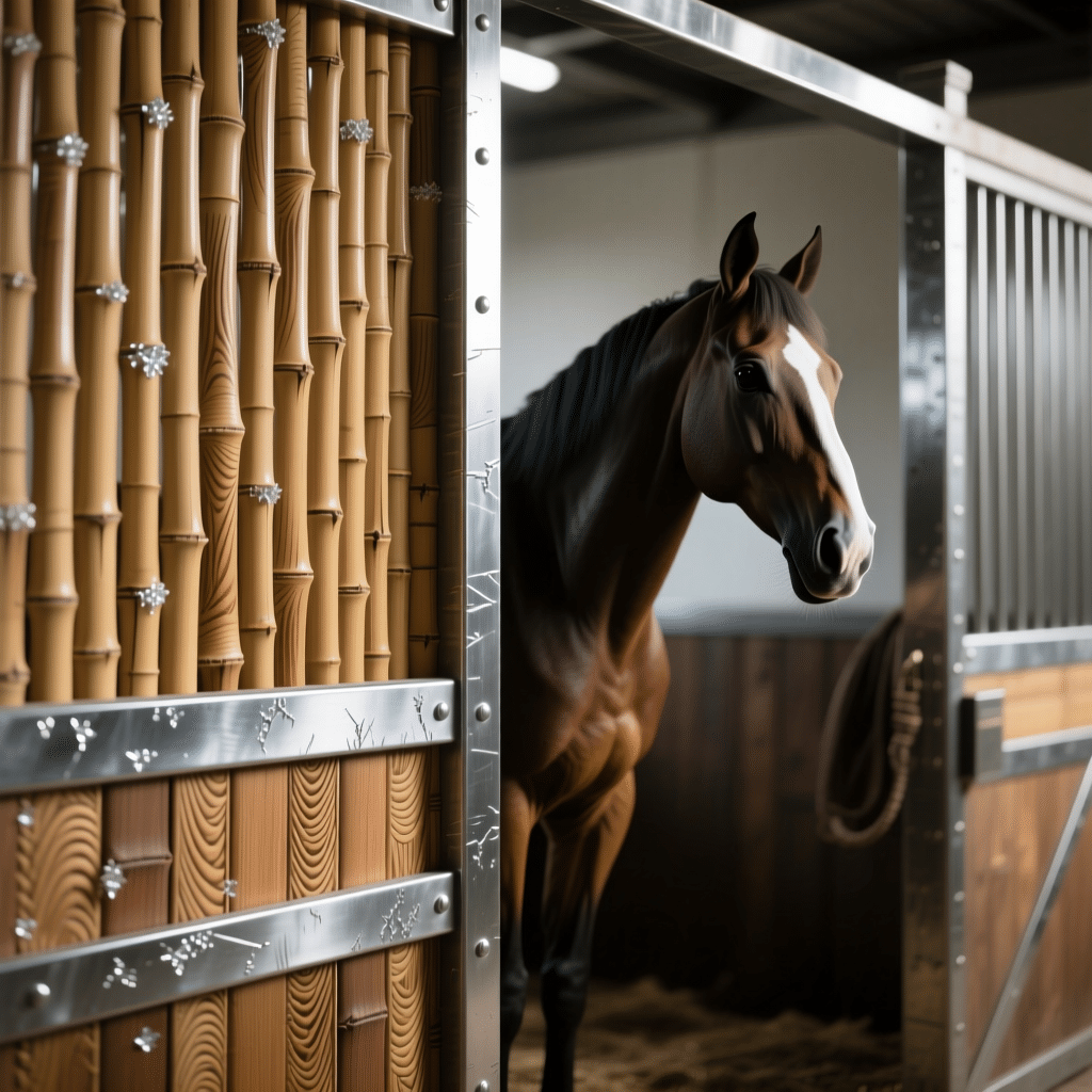 A horse stands gracefully in a modern stable stall featuring bamboo-style panels and sleek metal accents, showcasing high-quality horse stable equipment.