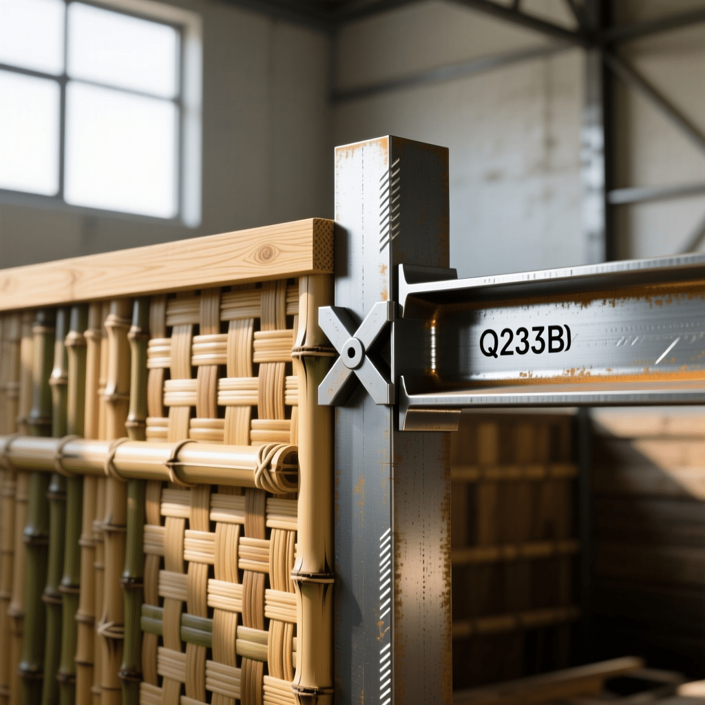 A close-up of a galvanized steel frame with woven bamboo panels, showcasing sturdy and eco-friendly stable equipment for horse stalls.