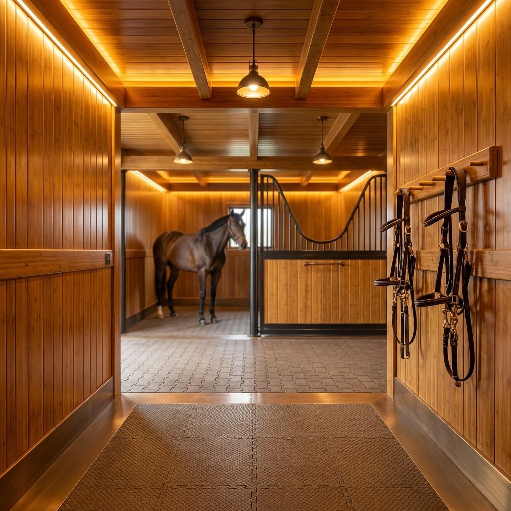 A well-lit, modern horse stable hallway with wooden walls and ceiling, featuring a horse in a stall and various equestrian equipment such as saddles and bridles hanging on the wall.
