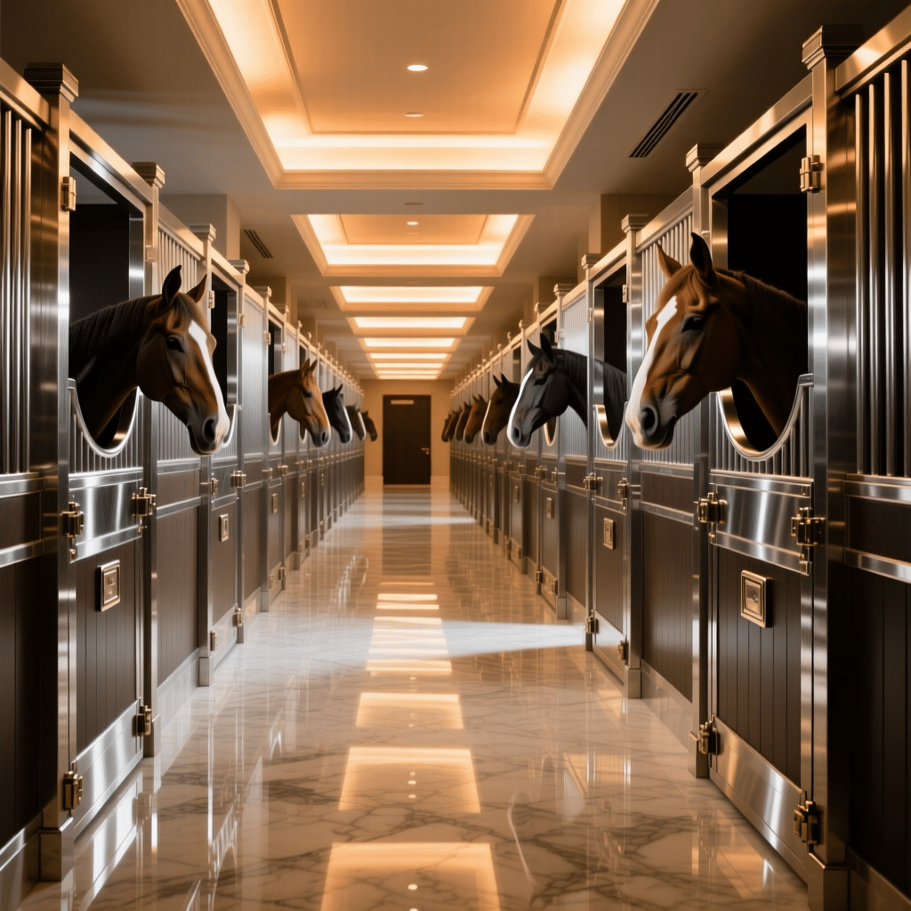 A luxurious stable hallway with rows of high-end horse stalls featuring polished marble floors and elegant lighting, showcasing premium equine accommodations.