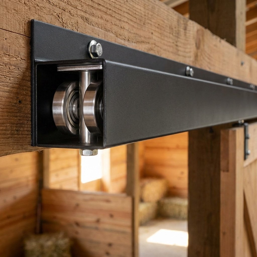 A close-up view of a black metal barn door roller system mounted on a wooden beam, showcasing its sturdy construction and smooth operation within a rustic stable setting.