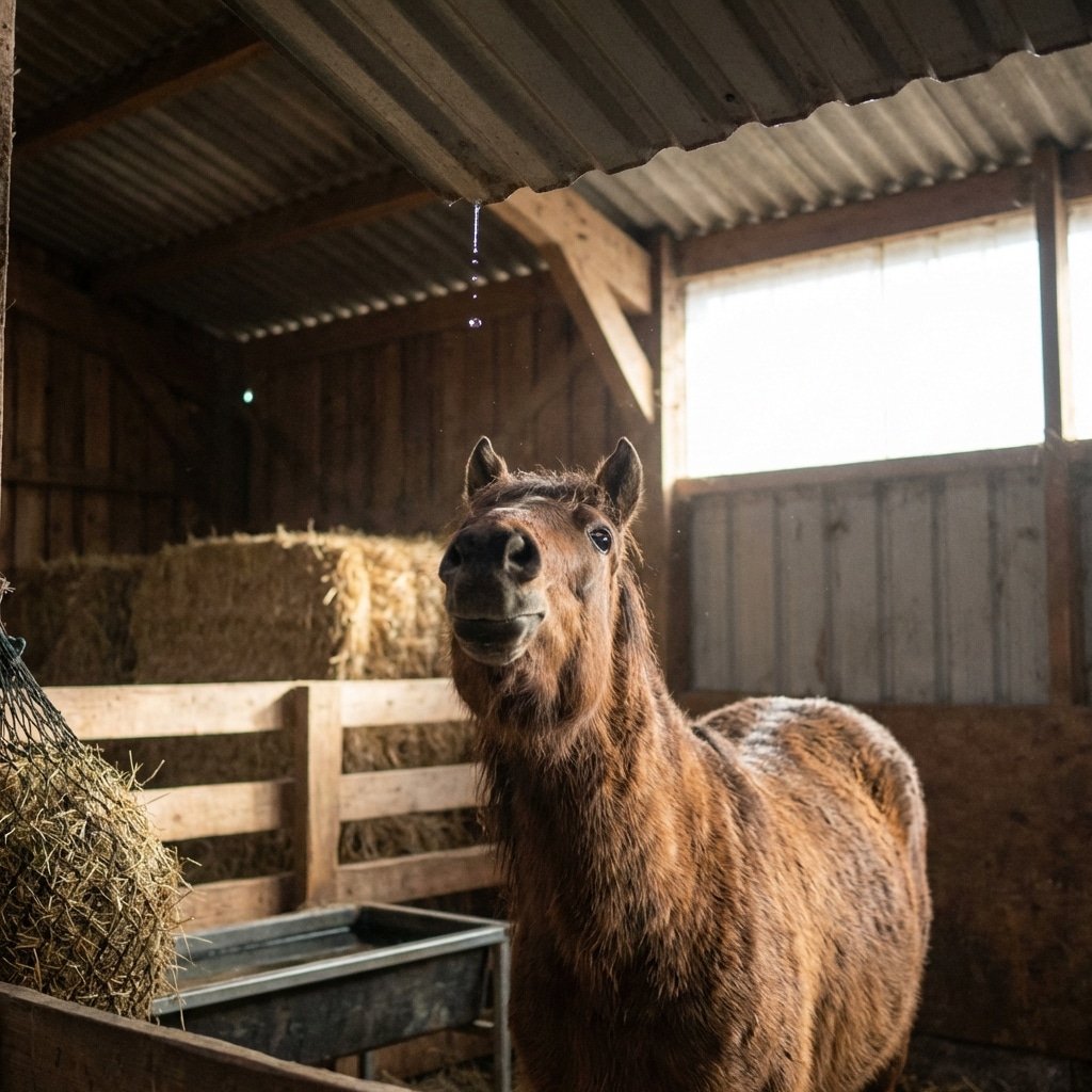 hyperrealistic product photography inside horse stable, single water droplet falling from uninsulated metal roof, horse standing below looking up, focus on animal comfort and structure, realistic atmosphere, soft natural light, no text, no signage, no letters --ar 16:9