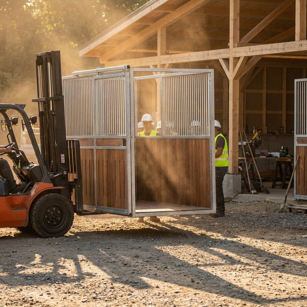 hyperrealistic product photography of a forklift carefully lifting a modular horse stall unit into place, workers wearing safety gear in the distance, partially assembled horse stable structure in background, dust particles in sunlight, realistic shadows, no text, no signs, no logos, --ar 16:9 --style raw --v 6.0