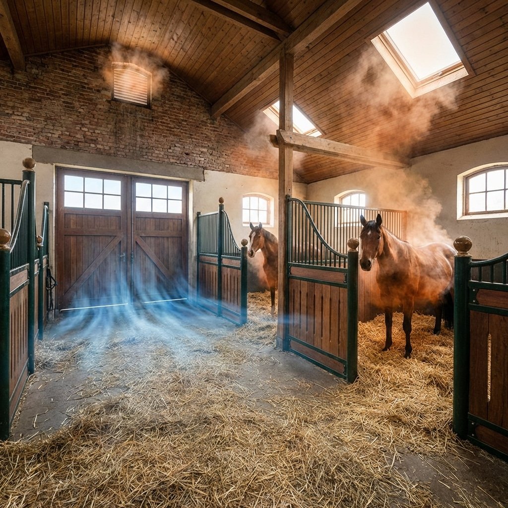 A well-lit stable with wooden stalls and horses, featuring galvanized steel and powder-coated equipment for a premium equestrian experience.