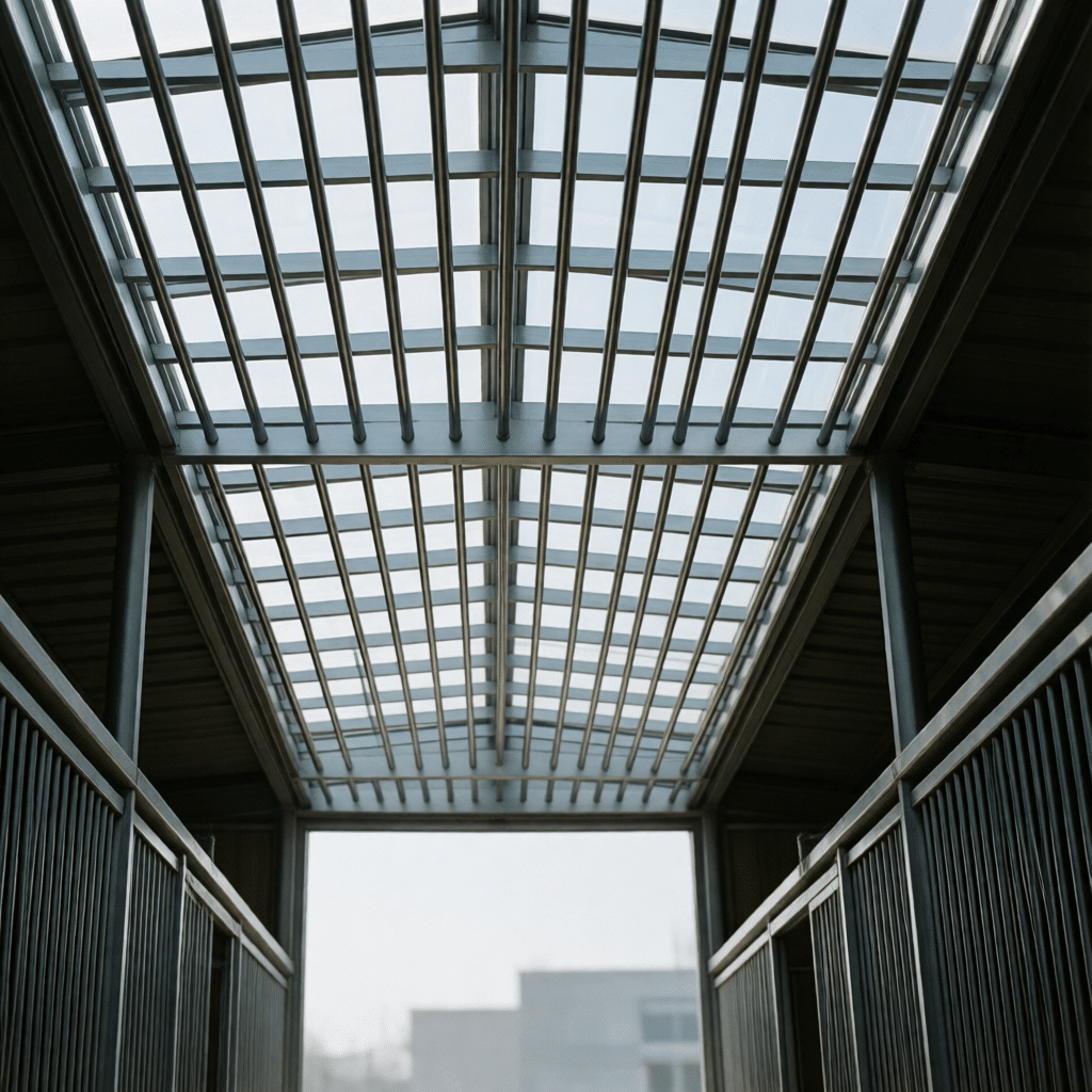 超写实产品摄影,马厩上部通风格栅,开放式条状设计允许气流,从内向上看向光线,空气循环概念可视化,干净钢条,明亮通风氛围,景深聚焦金属结构,无文字