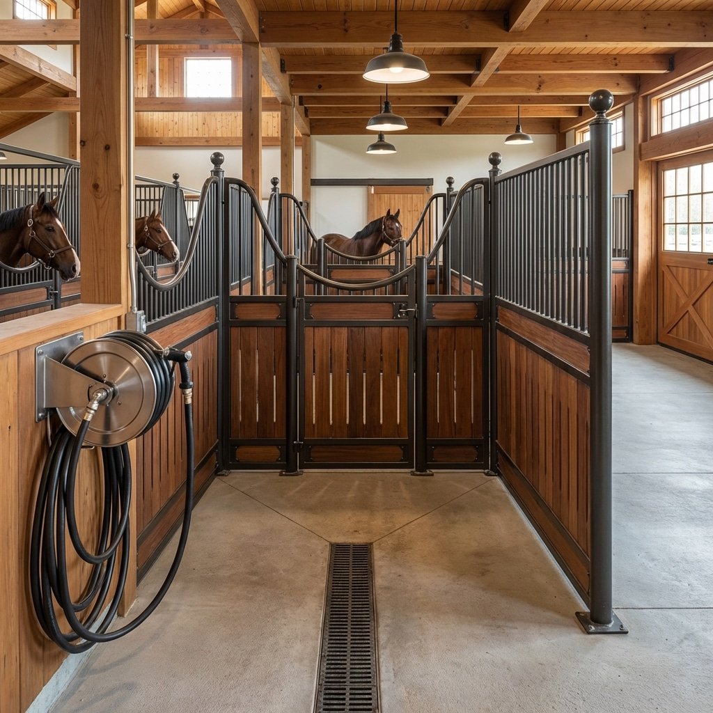 Hyperrealistic product photography of a wash rack area built with horse stall panels inside a large horse stable facility, concrete floor with drainage, hose reel, horses waiting nearby, industrial yet premium look, integrated into horse stable design, high detail, no text, no signage, no English characters --ar 16:9 --v 6.0