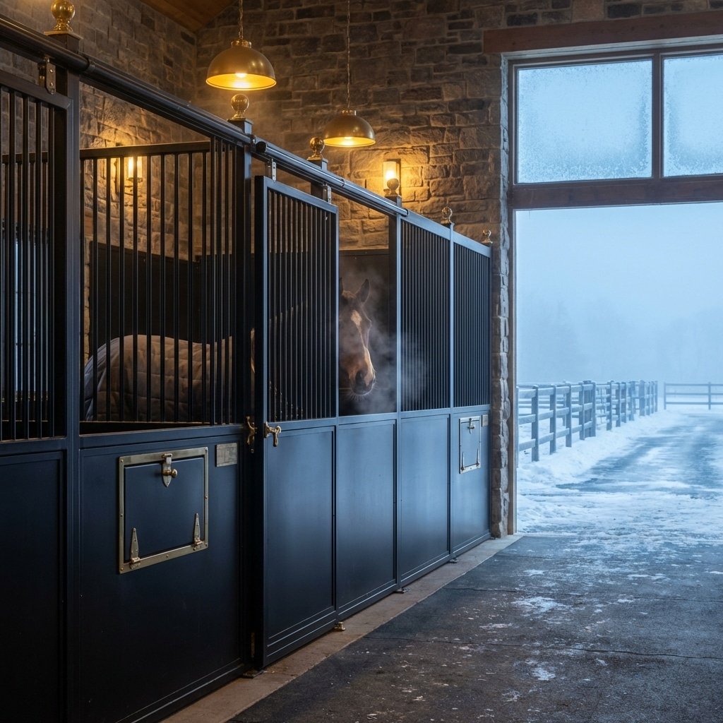 Hyperrealistic product photography of a horse stable interior during winter, frost on windows, steam visible in cold air, matte black steel horse stalls with hinged water door, icy aisle visible outside, warm interior lighting contrasting cold exterior, --ar 16:9 --no text --no letters --no signage