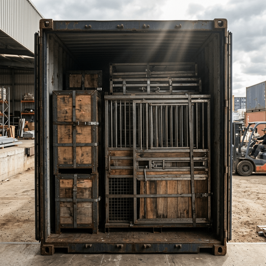 Horse Stable Equipment in Shipping Container An open shipping container filled with various horse stable equipment including wooden crates, metal cages, and galvanized steel panels, set in an industrial outdoor storage area.