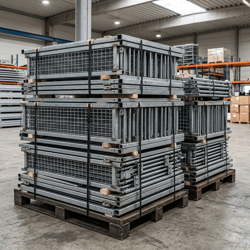 Galvanized Horse Stable Equipment Shipped Worldwide Stacks of galvanized steel horse stable equipment, including panels and gates, neatly arranged on pallets in a warehouse setting.