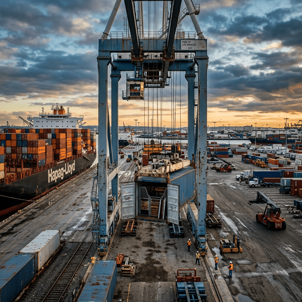 06 H3 Dthc Handling Industrial port scene showing a massive gantry crane lifting and handling a large logistics container.