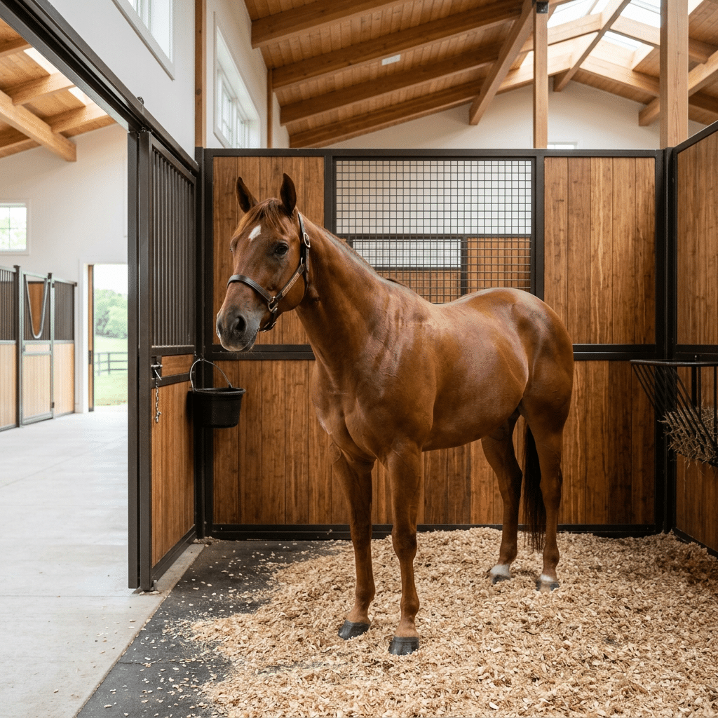 A well-groomed brown horse stands in a spacious, modern stable stall with wooden paneling and a metal feeder, showcasing high-quality stable equipment.