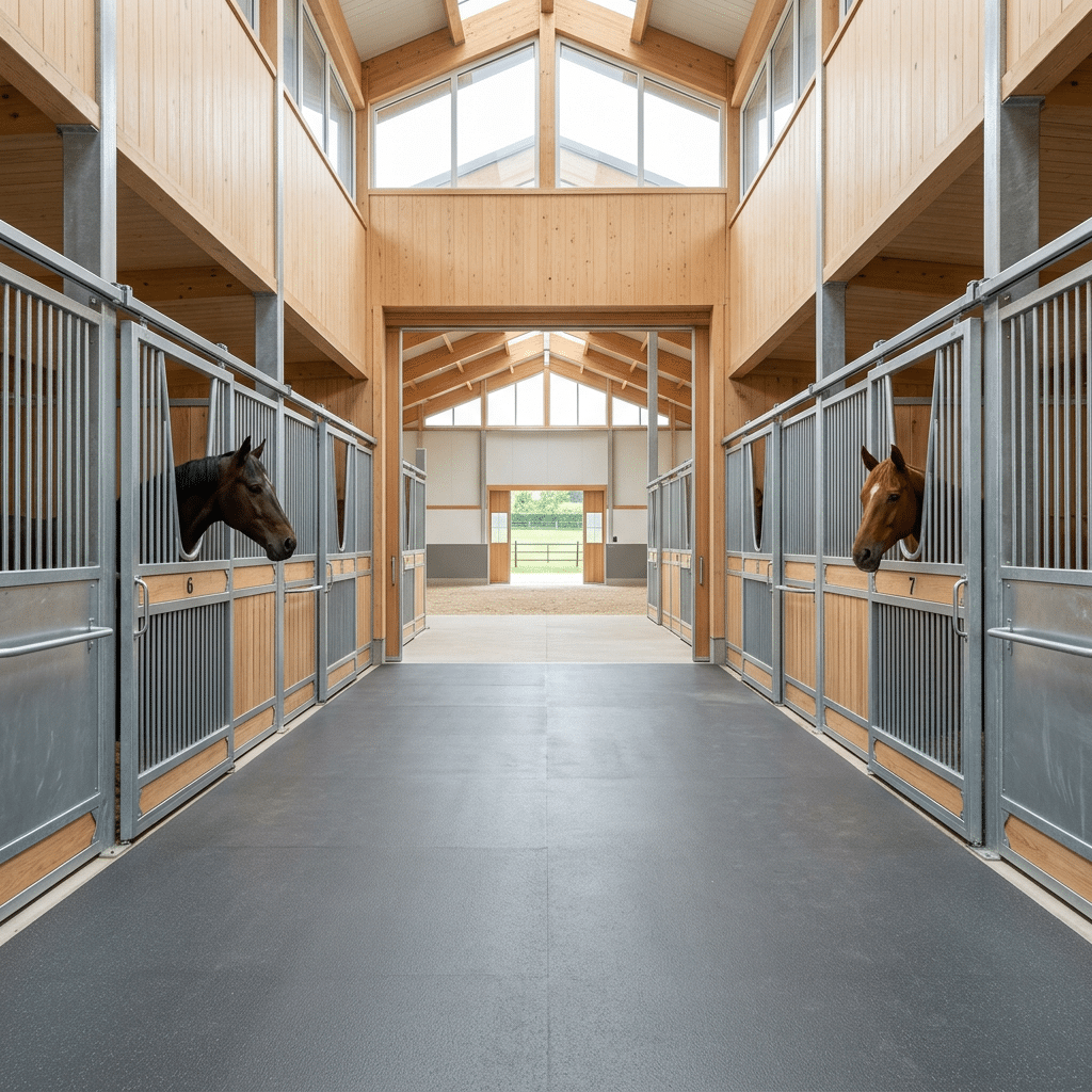 ADA-Accessible Horse Stable Design Extreme close-up view of a heavy-duty galvanized steel hinge installed on a professional horse stall door.