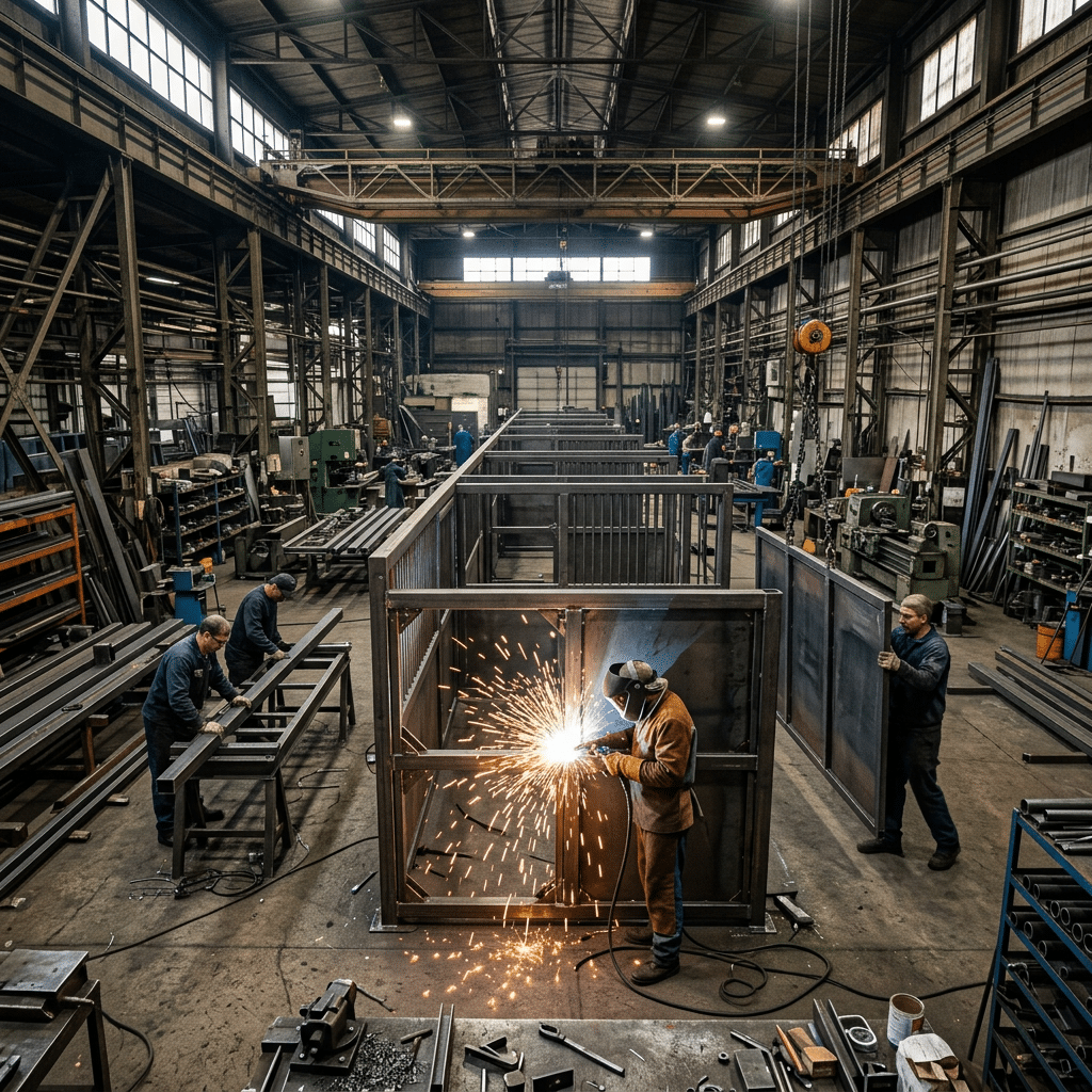Metal Fabrication in Industrial Workshop A bustling industrial workshop where workers are engaged in metal fabrication, with one worker welding a large metal frame and others assembling components, showcasing precision and craftsmanship in a spacious, well-lit facility.