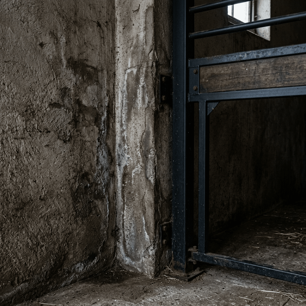 Durable Horse Stall Equipment for Export A close-up view of a sturdy horse stall corner featuring a galvanized steel frame and textured concrete walls, highlighting the robust construction of stable equipment.