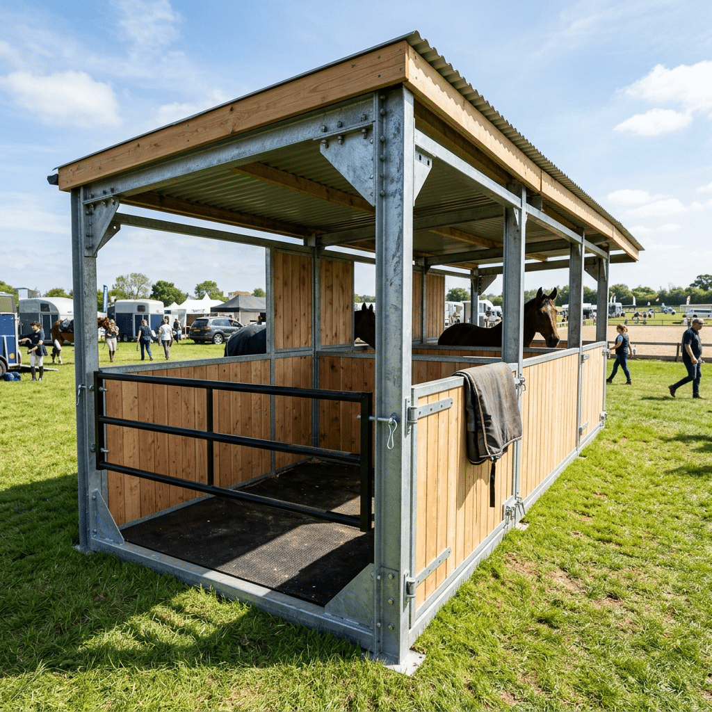 Moderne Pferdeboxen & Stalleinrichtungslösungen A portable horse stall with galvanized steel frame and wooden panels, featuring a covered roof and open design, set on a grassy field with people and trailers in the background.