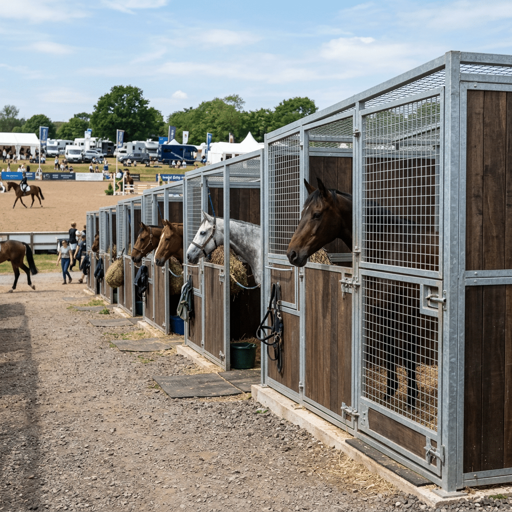 Galvanized Horse Stalls & Stable Equipment A row of galvanized steel horse stalls with wooden panels, housing horses at an outdoor equestrian event, showcasing durable stable equipment for sale.