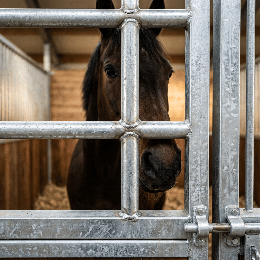 Galvanized Steel Horse Stall Gate A close-up view of a horse's head peeking through a galvanized steel stall gate, showcasing the sturdy construction and secure design of the stable equipment.