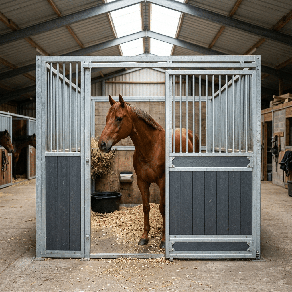 A brown horse stands in a galvanized steel stall with open doors, showcasing stable panels and equipment inside a well-lit barn.