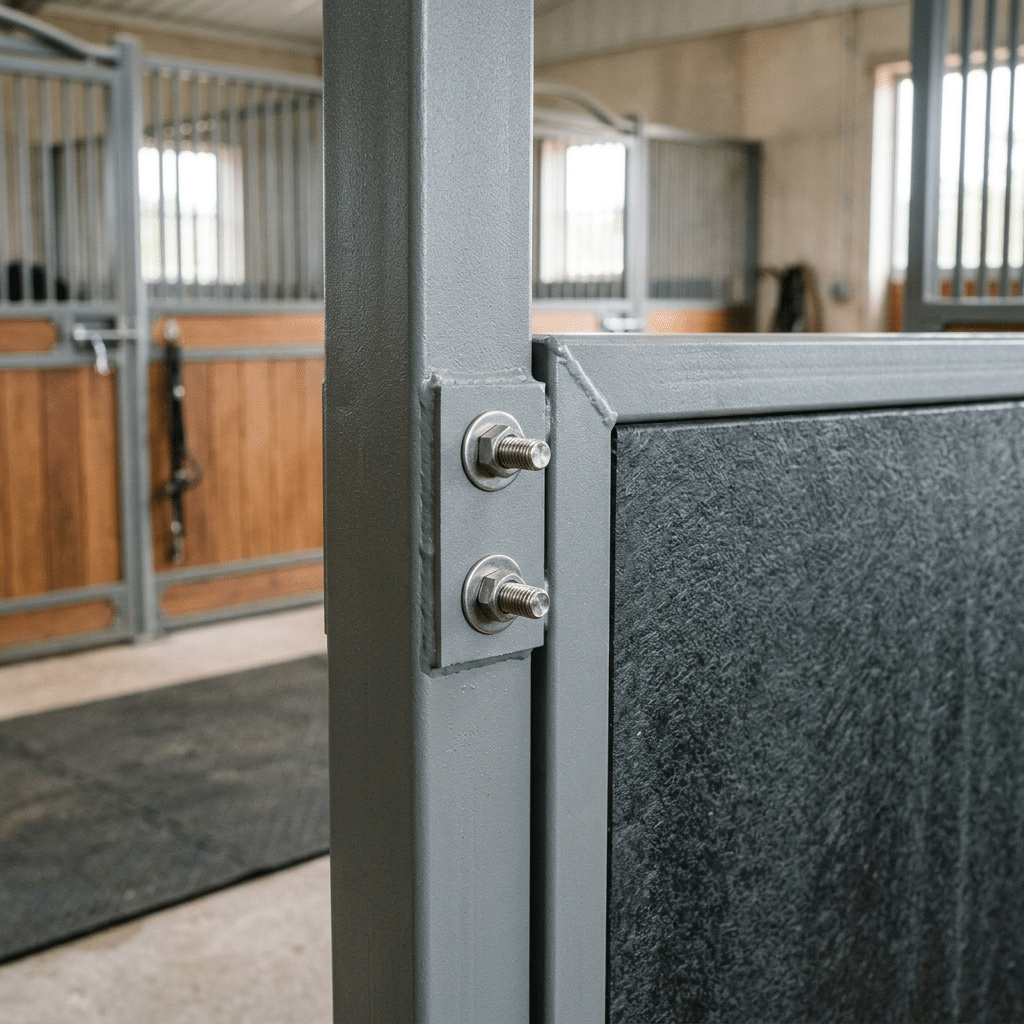 Close-up of a galvanized steel stable panel with secure bolt connections, designed for horse stalls in a well-lit stable environment.