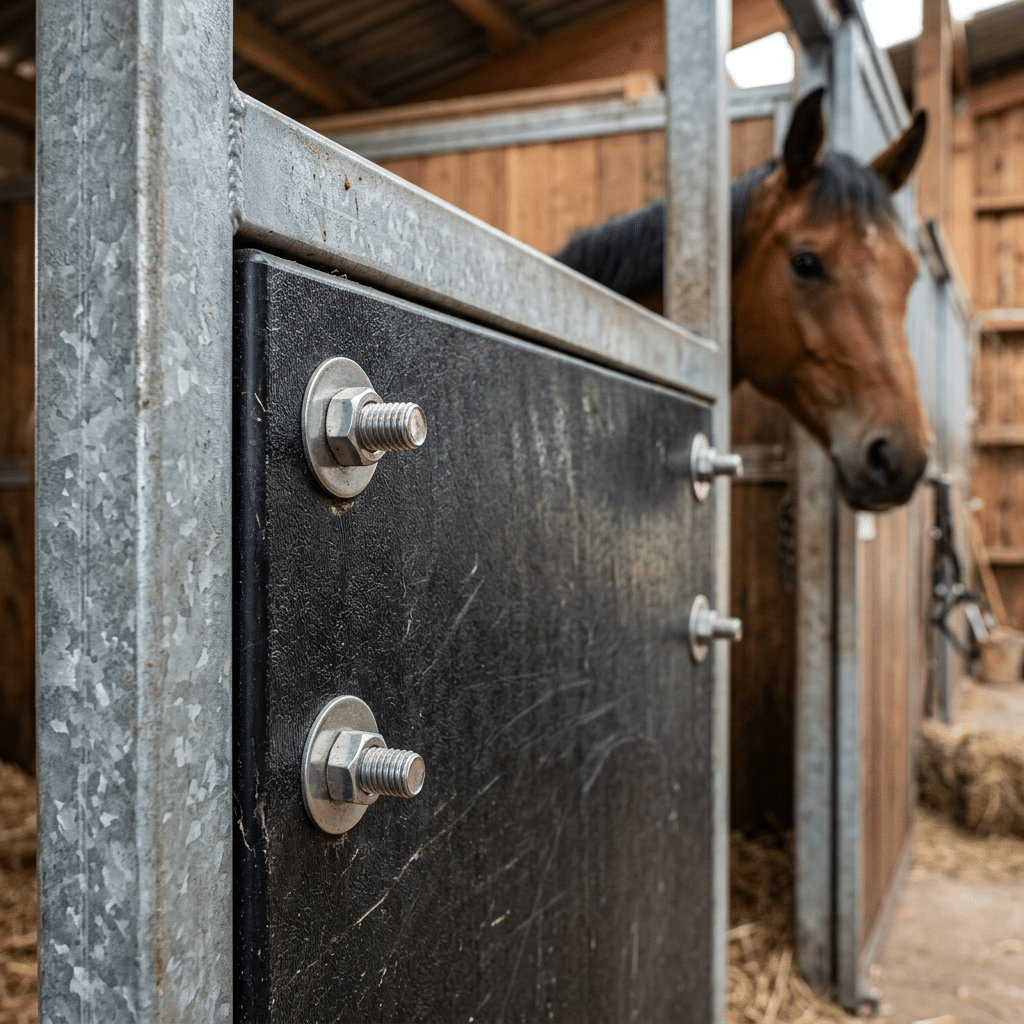 Galvanized Steel Horse Stall Panels A close-up view of a galvanized steel horse stall panel with visible bolts, featuring a curious brown horse peeking out from the stable.