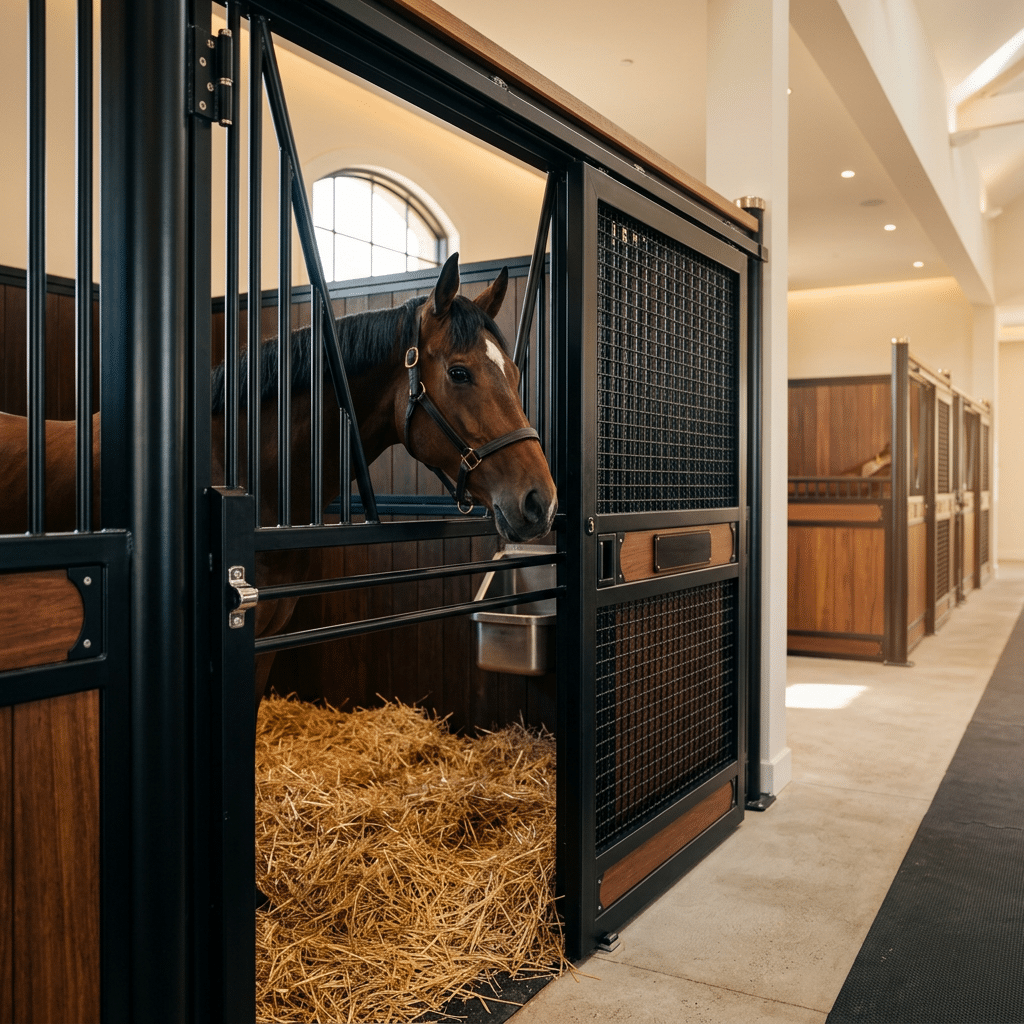 A horse in a modern stable stall with black metal and wooden panels, equipped with hay racks and feeders, showcasing high-quality stable equipment.