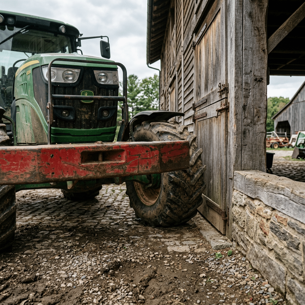 A green tractor parked beside a rustic wooden barn on a cobblestone path, showcasing rural farm equipment and stable surroundings.