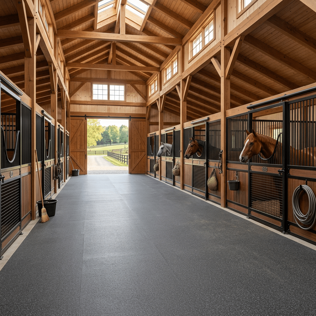 Luxury Horse Stalls & Stable Equipment A spacious, well-lit horse stable with wooden stalls and modern equipment, featuring horses peeking out from their enclosures and a clean, organized interior.