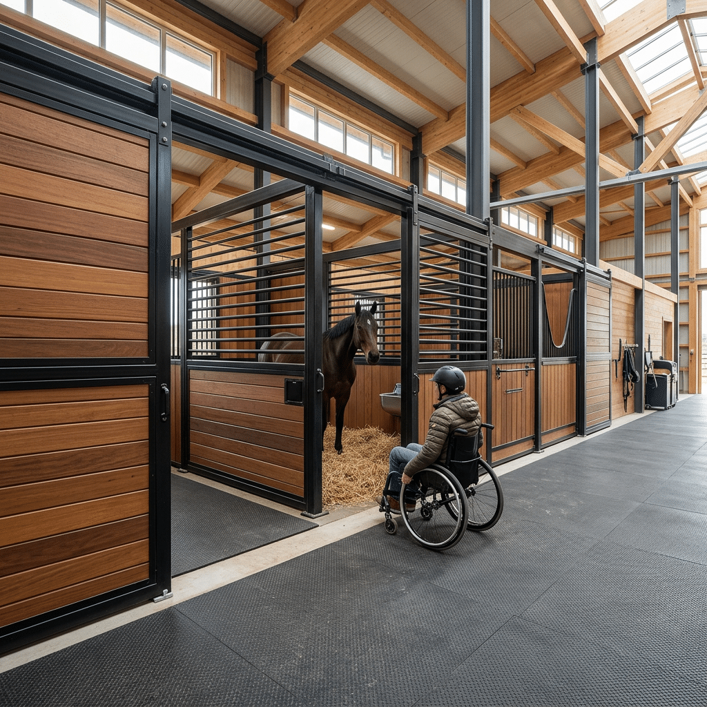 Wheelchair Accessible ADA Compliant Horse Stall Interior view of an ADA compliant horse stable featuring extra-wide sliding doors for wheelchair accessibility.