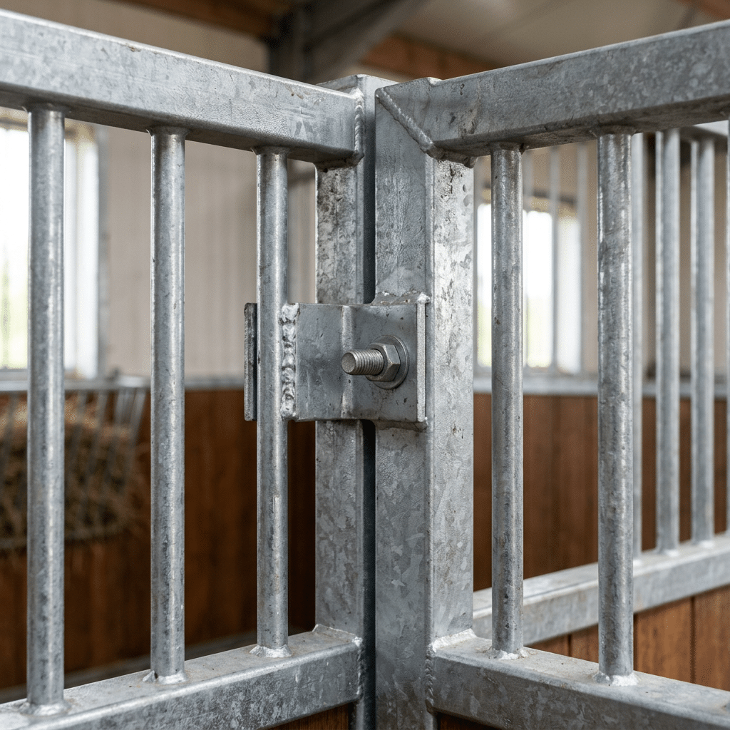 Heavy-Duty Galvanized Horse Stall Hardware Extreme close-up view of heavy-duty galvanized bolts and industrial-grade steel connections in a horse stall.