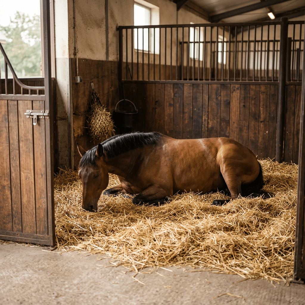 A brown horse with a black mane rests comfortably on a bed of hay inside a wooden stable stall, surrounded by galvanized steel and powder-coated equipment.