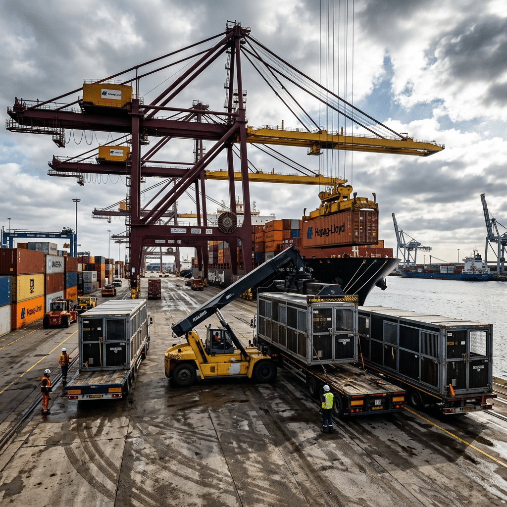 Industrial port scene showing large cranes and forklifts unloading modular horse stable units from a container ship.