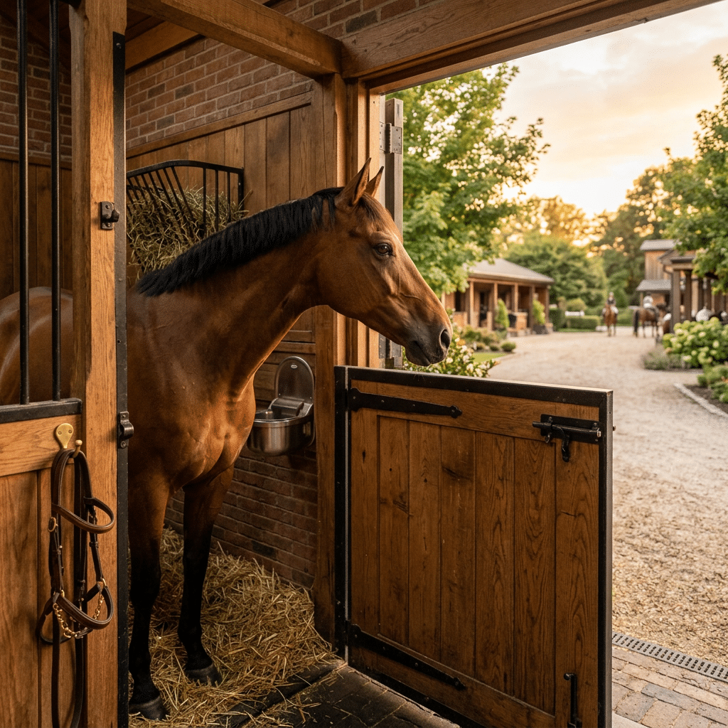 Bay Horse Peering from Traditional Dutch Stall Door A beautiful bay horse looking out of a warm wooden Dutch door in a brick-walled professional horse stable.