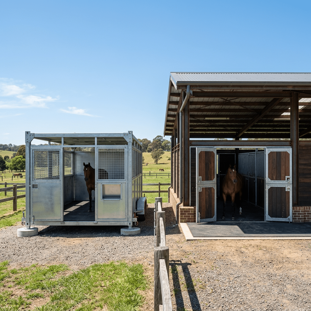 Portable vs Permanent Horse Stall Comparison A side-by-side comparison of a heavy-duty portable horse stall on a trailer and a classic permanent stable structure.