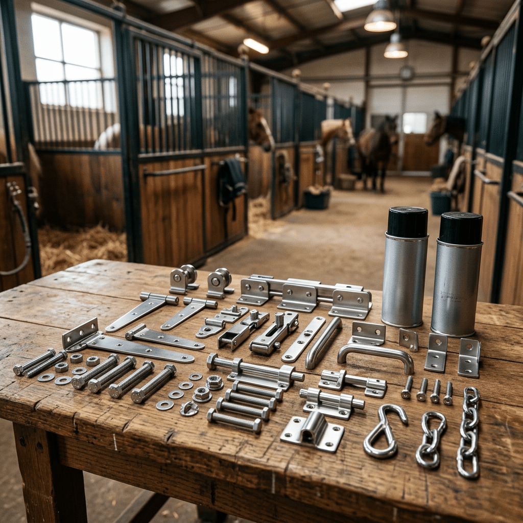 Horse Stable Equipment Galvanized Steel A wooden workbench displays an assortment of galvanized steel stable hardware including hinges, latches, bolts, and chains, with a background view of horse stalls and horses inside a well-lit stable.