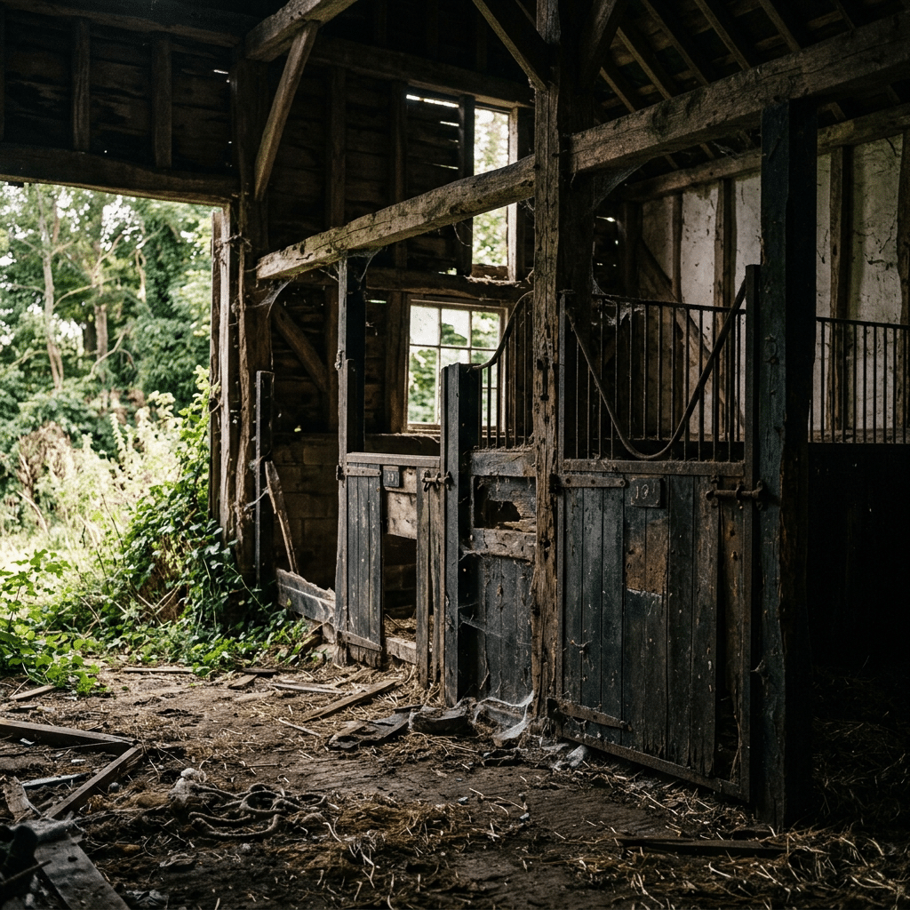 An old, rustic horse stable with weathered wooden stalls and metal railings, surrounded by greenery and natural light streaming through the windows.