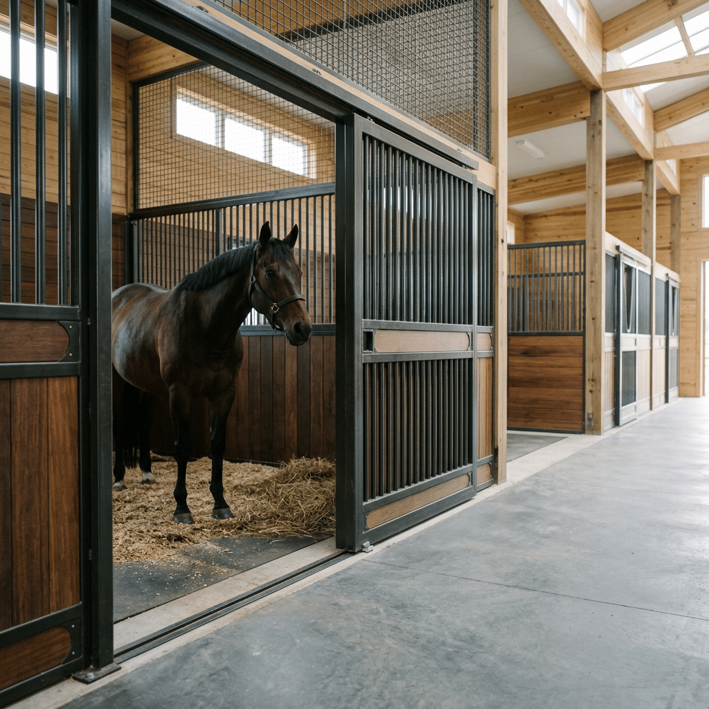 A sleek, modern horse stable with a dark brown horse standing in an open stall, featuring galvanized steel and powder-coated equipment, wooden paneling, and a clean, well-lit interior.