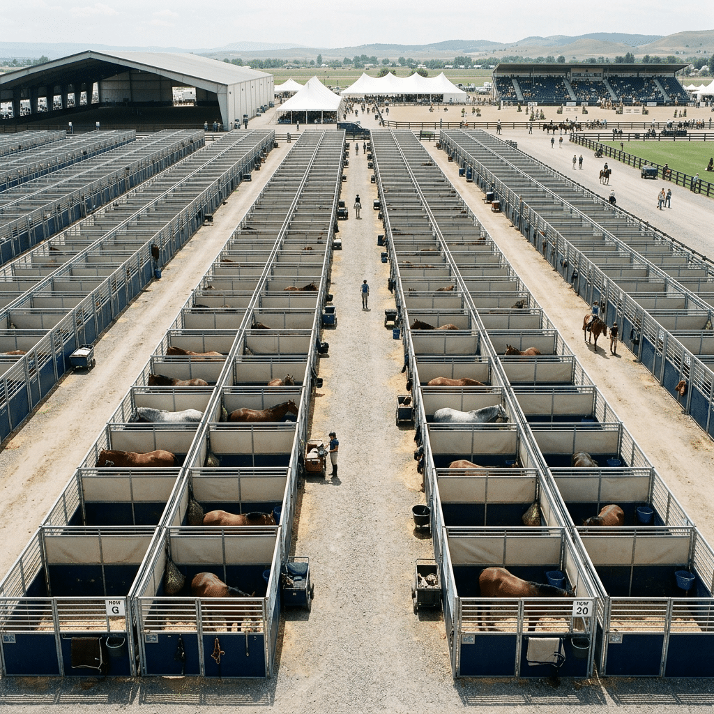 Horse Stable Equipment Solutions Rows of modern horse stalls with galvanized steel panels and powder-coated finishes, housing horses in a well-organized stable facility.