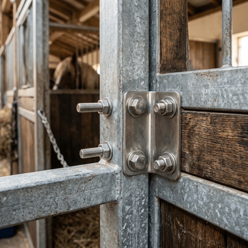 Close-up of a galvanized steel gate hinge with bolts, attached to a wooden stable panel, showcasing durable horse stable equipment.
