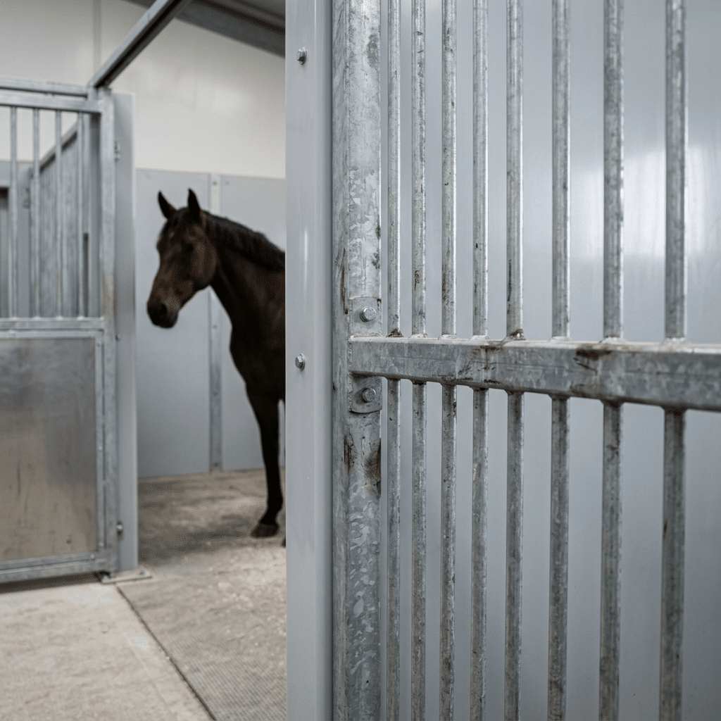 Galvanized Steel Horse Stall Gates A dark brown horse stands inside a modern stable stall, viewed through a galvanized steel gate with vertical bars and a sturdy frame.