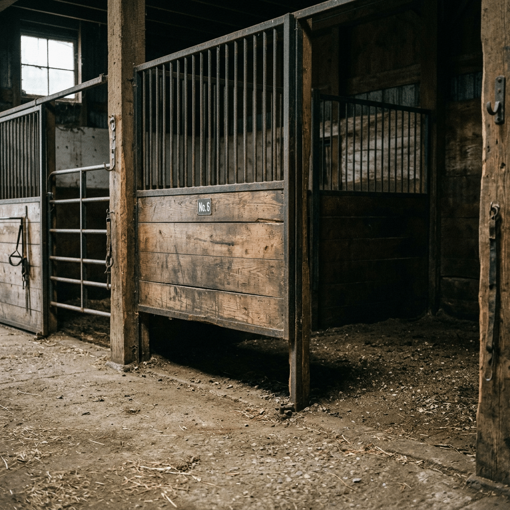 A rustic horse stable with wooden stalls featuring metal railings and a sign labeled 'No. 6,' showcasing durable stable panels and equipment in a well-maintained environment.