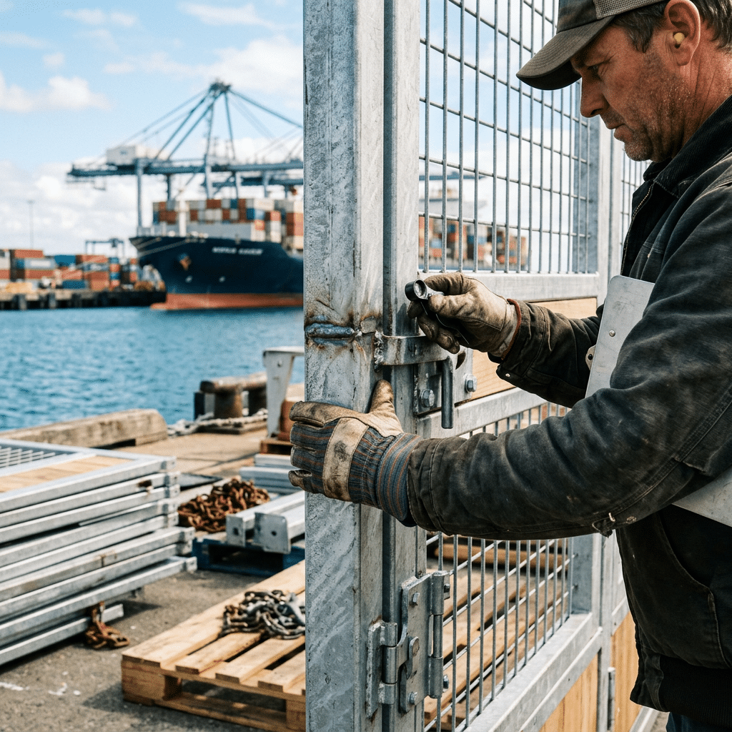 Galvanized Steel Stable Equipment Solutions A worker in a dockyard securing a galvanized steel gate, with stacks of similar equipment and a cargo ship in the background, highlighting durable stable solutions for horse care.