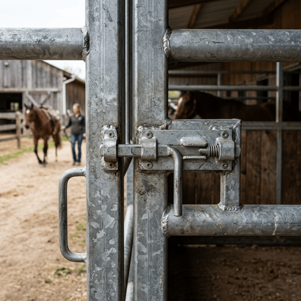 Spring-Loaded Professional Horse Stable Gate Latch Close-up of a secure spring-loaded latch on a galvanized steel stable gate with horses visible in the background barn aisle.