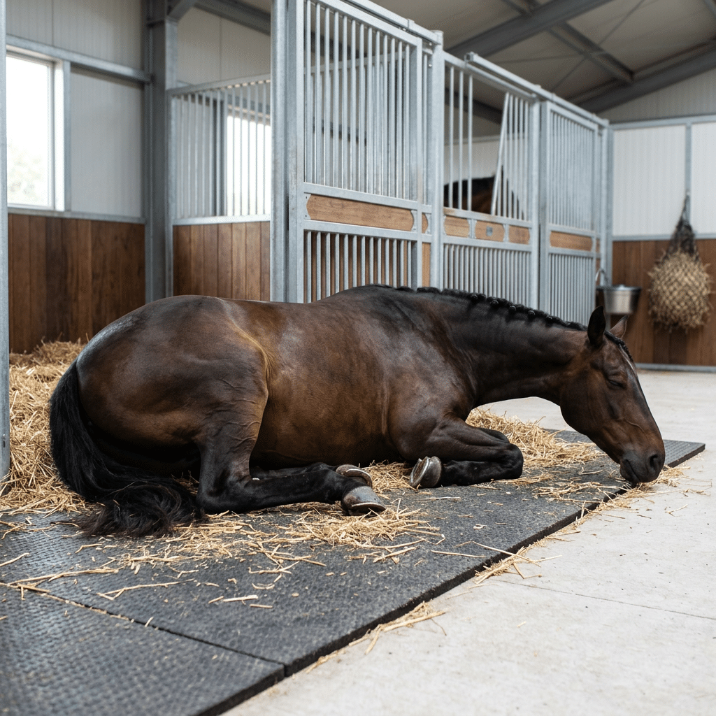 A brown horse lies comfortably on a rubber mat inside a modern stable stall, surrounded by hay and equipped with galvanized steel panels and a hay rack.